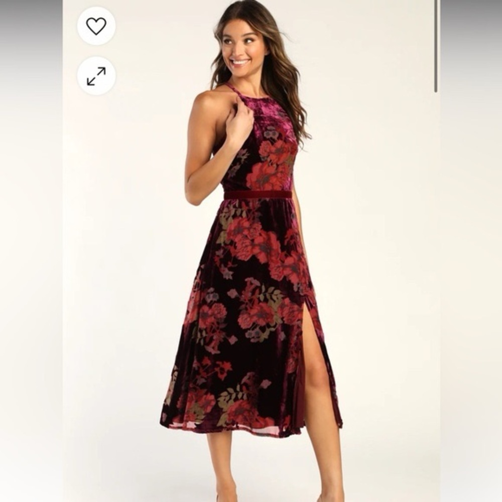 Lulus Endearing Style Burgundy Floral Print Burnout Velvet Midi Dress - Small